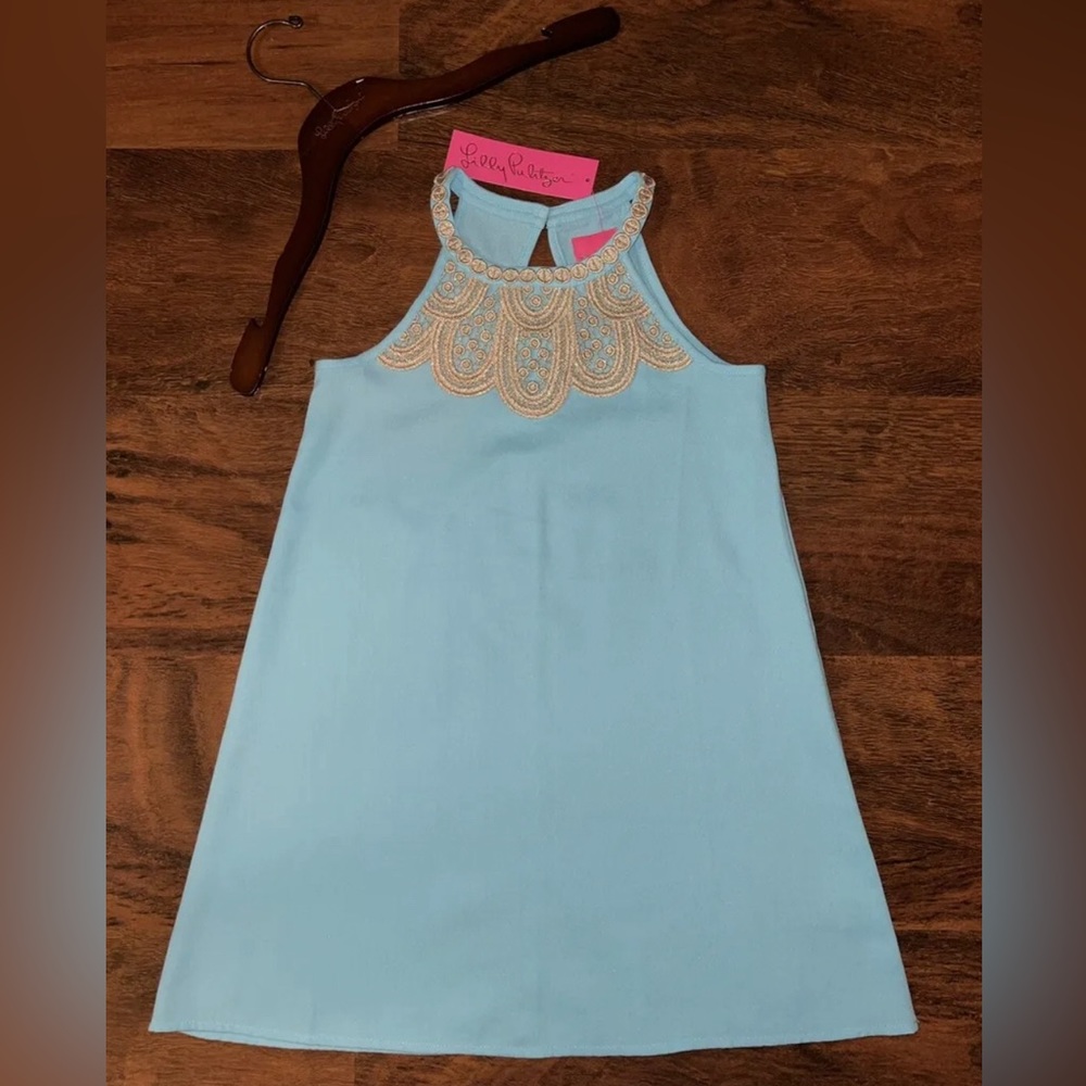 Lilly Pulitzer Mini pearl shift dress in Bali blue with gold lace detail, size 6
